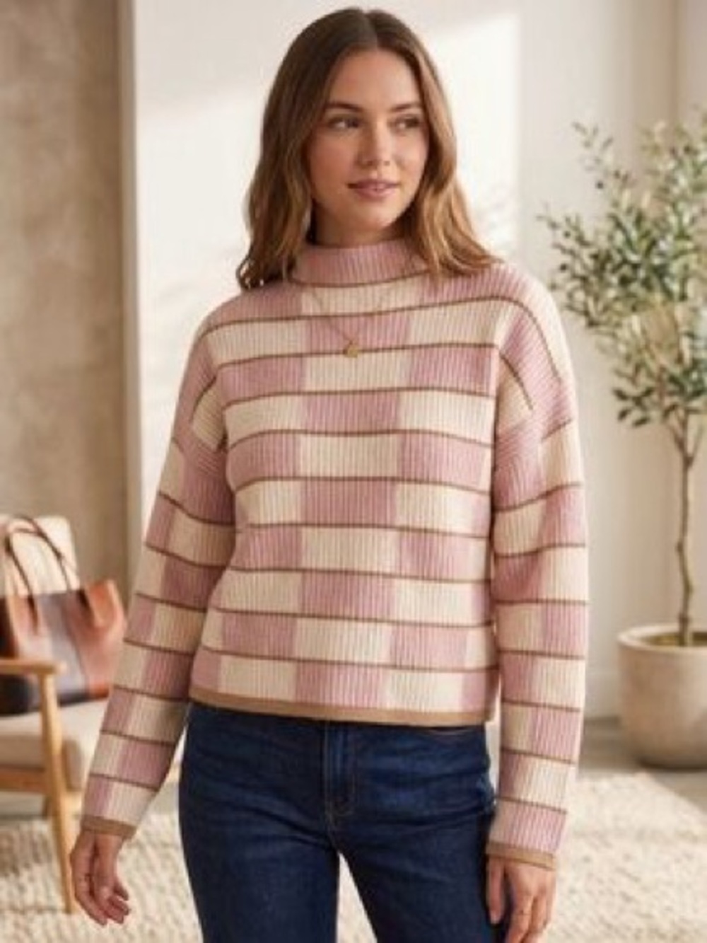 Club Monaco Striped Pink and Cream Ribbed Mock Neck Sweater